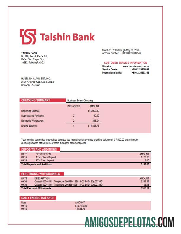 Baixável Taishin Bank Enterprise Statement modelo Word e PDF